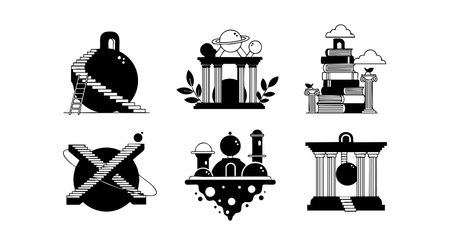 Vector icons show famous landmarks and architectural elements in black and white minimal style with clean lines, presenting a modern artistic mood.のイラスト素材