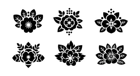 Vector set displays six black floral ornaments with symmetrical flower patterns in a clean design, ideal for decoration and craft projects. Elegant.のイラスト素材