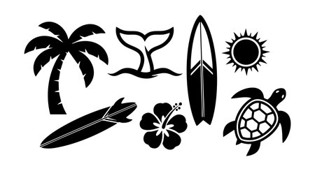 Vector illustration shows tropical summer beach icons including palm tree, surfboards, turtle, sun, and hibiscus flower in black silhouette style, energetic mood.のイラスト素材