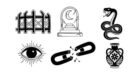 This vector features black and white mystical symbols including an eye, snake, broken chain, fence, and decorative vase in a simple style, mysterious mood.のイラスト素材