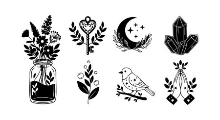 This vector set features hand-drawn black floral elements, a bird, crescent moon, crystals, and heart, creating a mystical and artistic mood.のイラスト素材
