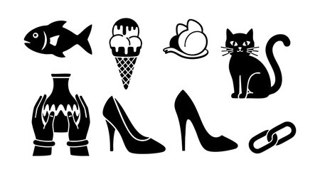 Black silhouette icons depict fish, ice cream cone, fruit, cat, hands holding vase, shoes, and paperclip in a simple style, clear composition, neutral mood.のイラスト素材