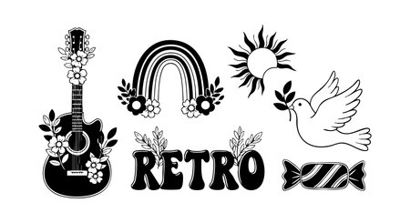 Retro style black and white vector shows guitar, rainbow, dove, candy, floral elements with bold text in vintage style, creative and nostalgic mood.のイラスト素材