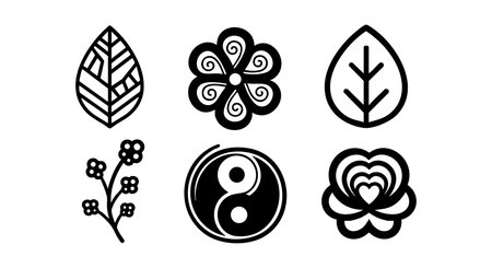 This vector illustration shows six black and white symbols including leaves, floral designs, and yin yang representing nature and spirituality in a simple style. Calm.のイラスト素材