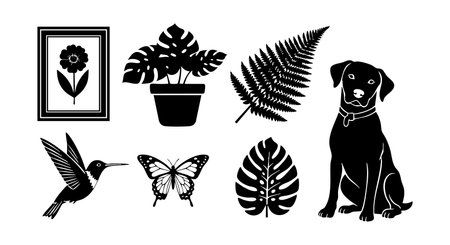 Vector illustration shows silhouettes of a dog, hummingbird, butterfly, fern, monstera leaves and framed flower in a clean black style, simple mood.のイラスト素材