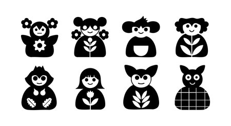 This vector features black and white flower girls and an owl with floral patterns, arranged in a simple style, creating a charming mood.のイラスト素材