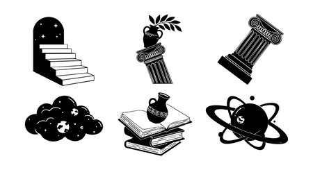 Vector illustration features ancient Greek column with laurel wreath, classical pillar, books, atom symbol, and celestial stairs in black silhouette style. Elegant.のイラスト素材