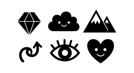Set of simple black vector icons including diamond, cloud, mountains, eye, heart, and arrow in flat design, presenting minimalistic style. Calm mood.のイラスト素材
