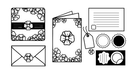 Black and white floral wedding stationery set includes envelope, card, tag, and decorative items in a clear line art style, elegant mood.のイラスト素材