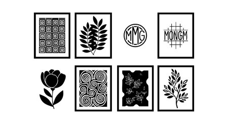 This vector file shows black and white floral and geometric pattern icons featuring leaves and flowers in simple style, clean and elegant. Calm mood.のイラスト素材