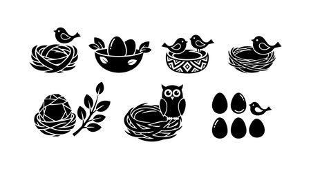 Vector illustration displays bird and owl nests with eggs and leaves in black and white silhouette style, presenting a natural and simple mood.のイラスト素材