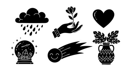 This vector illustration presents black silhouette icons including rain cloud, hand holding flower, heart, crystal ball, comet, and decorative vase in a simple style, peaceful.のイラスト素材