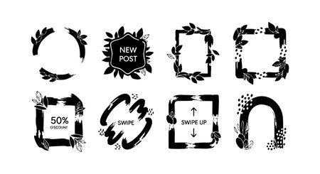 Vector set features black and white floral decorative frames for social media posts and swipe up icons in square and circular shapes, stylish.のイラスト素材
