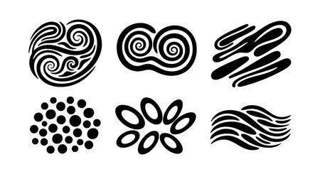 Vector set displays six abstract black tribal tattoo designs featuring swirls, dots, and wave patterns in a clear artistic style, creative mood.のイラスト素材