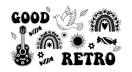 Retro-style vector features a decorated guitar, flying dove, floral rainbows, sun, and candy in black and white, creating a nostalgic mood.のイラスト素材