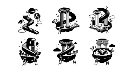 This vector illustration features black and white classical columns with spiral staircases and books, creating a scholarly and architectural mood.のイラスト素材