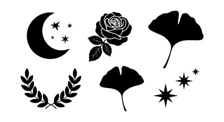 Vector illustration features black silhouettes of moon, rose, ginkgo leaves, laurel wreath, and stars in simple design. Calm and elegant mood.のイラスト素材