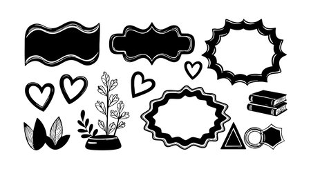 Vector illustration shows decorative vintage frames with hearts, leaves, books, and geometric shapes in black and white style. Classic mood.のイラスト素材