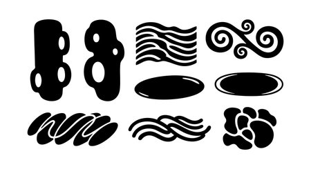 Vector icons represent abstract black smoke and steam with flowing lines and swirls in a simple silhouette style, clean and dynamic mood.のイラスト素材