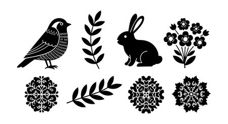 Vector illustration shows black bird, rabbit, floral patterns, and leaves in silhouette style, simple and elegant design, calm mood.のイラスト素材