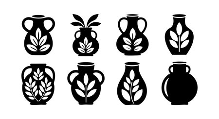 Vector illustration features eight black silhouette ancient vases decorated with leaf patterns in various shapes and sizes, artistic and elegant.のイラスト素材