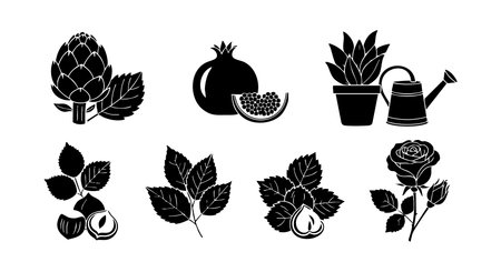 Black silhouette vector artwork shows artichoke, pomegranate, watering can, plants, hazelnuts, and rose leaves in a clean style. Simple and elegant mood.のイラスト素材