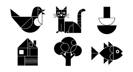 This vector features black and white geometric shapes forming animals, a house, and a tree in a minimalist style, creating a modern and clean mood.のイラスト素材
