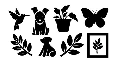 Vector set shows black silhouettes of two dogs, hummingbird, butterfly, plants, and leaves arranged simply in a clear style. Calm mood.のイラスト素材