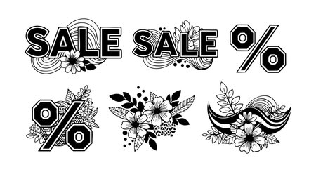 This vector illustration features sale text and percentage symbols decorated with floral elements in black and white, presented with clear contrast and a bold style. Energetic mood.のイラスト素材