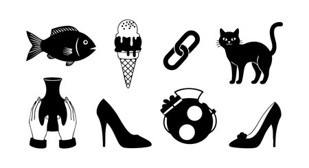 This vector features black silhouette icons including fish, ice cream cone, cat, shoes, and hands holding a vase in a simple style. Calm mood.のイラスト素材