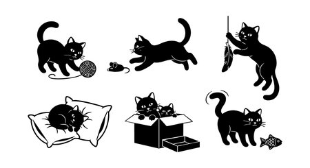 Vector set shows playful black kittens interacting with yarn, mouse, feather toy, resting on pillow, and playing in a box. Cute and lively cat illustrations. Cheerful mood.のイラスト素材