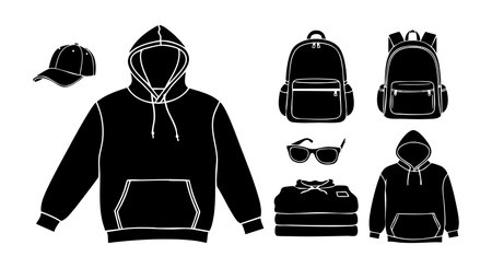Black and white vector showing a hoodie sweatshirt, cap, backpack, sunglasses, and shoes arranged clearly in a casual urban style. The image is simple and bold. Stylish.のイラスト素材