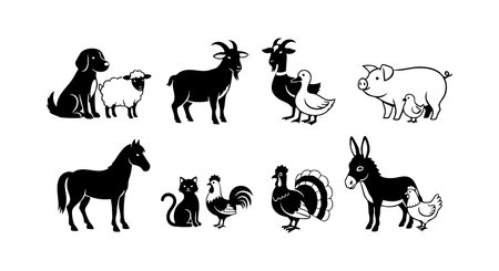 Vector image showing black silhouettes of common farm animals such as dog, sheep, goat, duck, pig, horse, cat, rooster, and donkey in a simple clean style. Calm mood.のイラスト素材