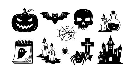 Vector set shows Halloween themed icons including pumpkin, skull, spider, bat, haunted house, candles, and potion bottle in black silhouette style. Eerie and festive mood.のイラスト素材