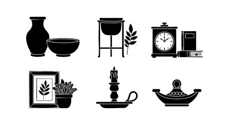 Set of black silhouette vintage kitchenware and home decor icons including candle holder, framed plant, scale, and pots in simple vector style. Classic and elegant mood.のイラスト素材