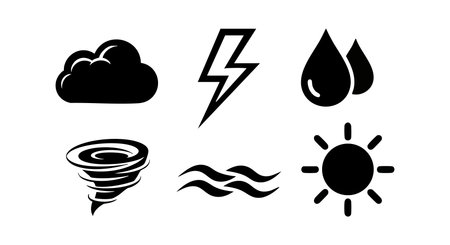 This vector file features black weather symbols such as cloud, lightning, rain drops, tornado, waves, and sun icons, presented in a simple style for versatile design projects. Clean and clear.のイラスト素材