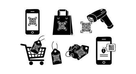 Vector set shows QR code scanning using smartphone, shopping bag, barcode scanner, and price tags for retail and ecommerce applications in black silhouette style. Modern and functional mood.のイラスト素材