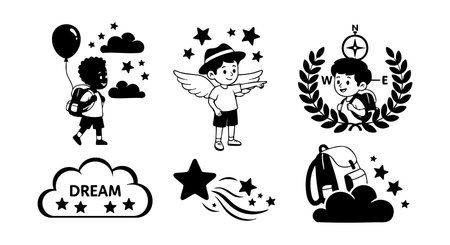 Vector illustrations depict children with balloons, wings, compasses, and stars symbolizing dreams and exploration in a whimsical, imaginative style. Creative and playful mood.のイラスト素材