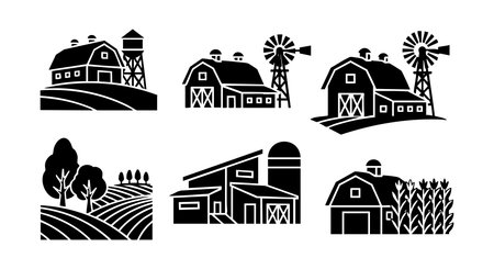 Vector collection features rural farm buildings, barns, silos, windmills, and agricultural fields in a simple black and white style, showcasing countryside elements with a minimalist mood.のイラスト素材