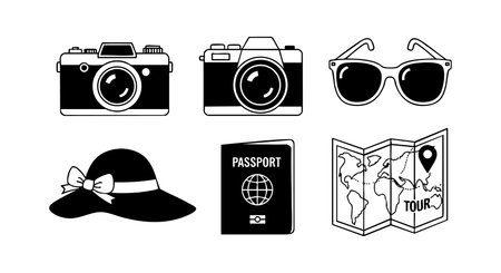 This vector set features travel essentials including two cameras, sunglasses, a hat with a bow, passport, and a map with location pin, perfect for vacation and tourism themes, cheerful.のイラスト素材