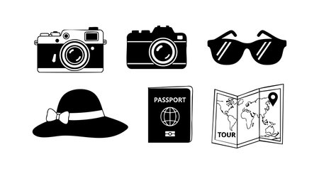 Vector icons display travel essentials including camera, sunglasses, sun hat, passport, and map, symbolizing vacation and tourism themes in a clean black silhouette style. Relaxed mood.のイラスト素材