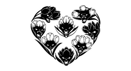Black and white vector illustration of stylized flowers arranged in a heart shape, presenting a decorative and romantic theme with clean lines and bold contrast. Elegant mood.のイラスト素材