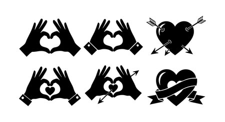 This vector file features six black silhouette icons of hands forming heart shapes and hearts pierced by arrows, symbolizing love and romance. The style is simple and bold, expressive.のイラスト素材