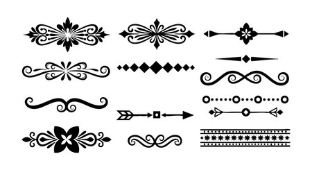 This vector set features decorative ornamental elements including arrows, swirls, and diamond shapes for vintage-style borders and dividers, presented in black and white with elegant detailing, classic mood.のイラスト素材