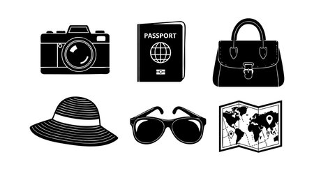 Set of black silhouette travel essentials including camera, passport, handbag, hat, sunglasses, and map icons for vacation and exploration themes. Simple and clear design. Practical and versatile mood.のイラスト素材