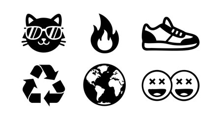 Vector set of black silhouette icons including a cool cat with sunglasses, fire flame, sneaker shoe, recycling symbol, earth planet, and happy faces emoticons in simple style. Cheerful.のイラスト素材