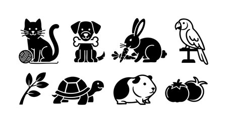 This vector showcases cute black silhouette pets including a cat, dog, rabbit, parrot, turtle, guinea pig, and tomatoes. Simple and playful design with bold shapes. Cheerful mood.のイラスト素材