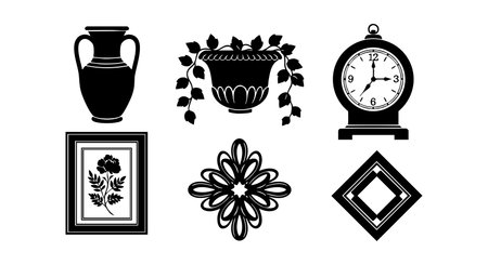 This vector file shows a collection of classic vintage decorative items including a vase, flowerpot with leaves, clock, framed floral art, ornamental design, and diamond shape in black silhouette style. Elegant.のイラスト素材