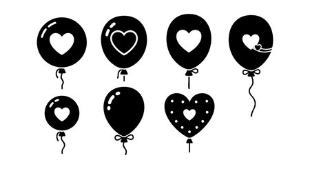 This vector features heart shaped balloons with love icons and a safety pin detail in black. Perfect for romantic themes and celebrations. Simple and charming mood.のイラスト素材