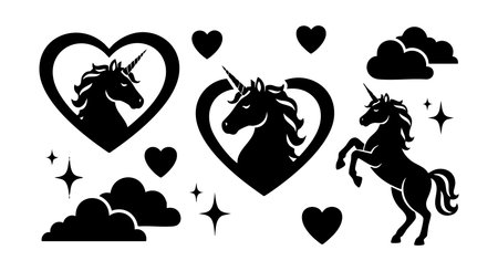 This vector features black unicorn silhouettes surrounded by hearts, clouds, and stars in a magical fantasy style with a clean monochrome palette. Dreamy and whimsical mood.のイラスト素材